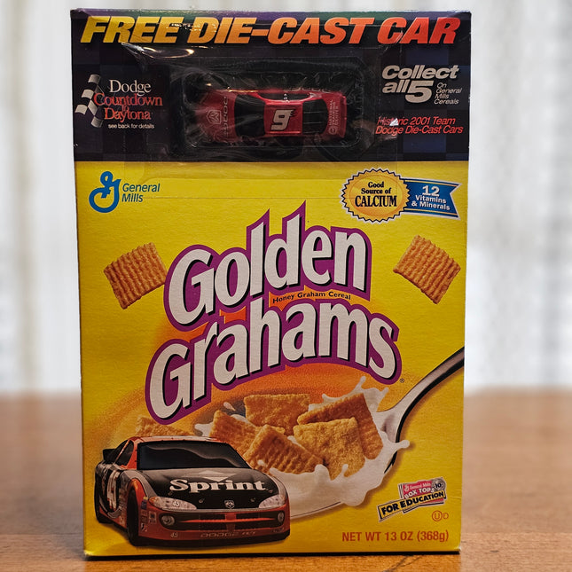 2001 Casey Atwood #19 Dodge Die Cast Car inside General Mills Golden Grahams Cereal Box
