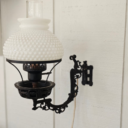 Vintage Swivel Cast Iron Hobnail Milk Glass Wall Lamp