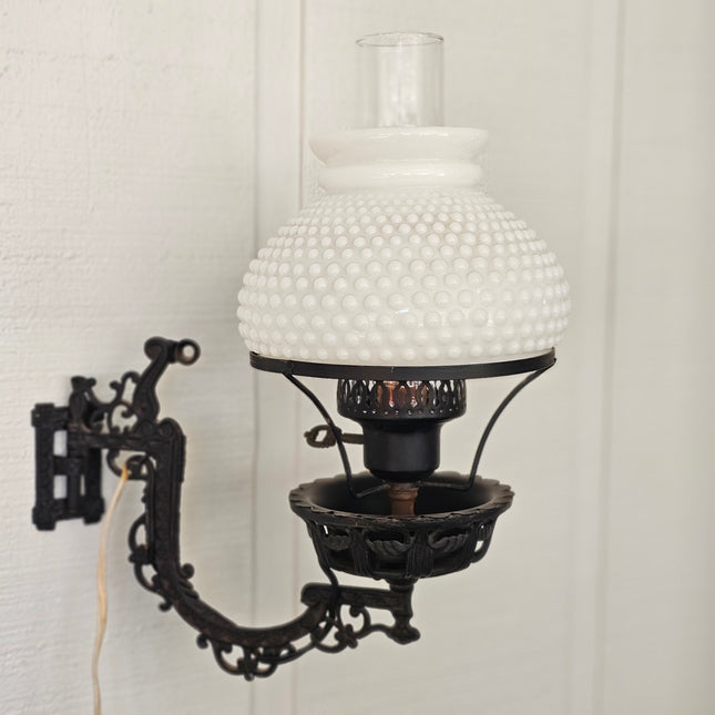 Vintage Swivel Cast Iron Hobnail Milk Glass Wall Lamp