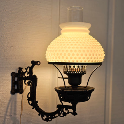 Vintage Swivel Cast Iron Hobnail Milk Glass Wall Lamp