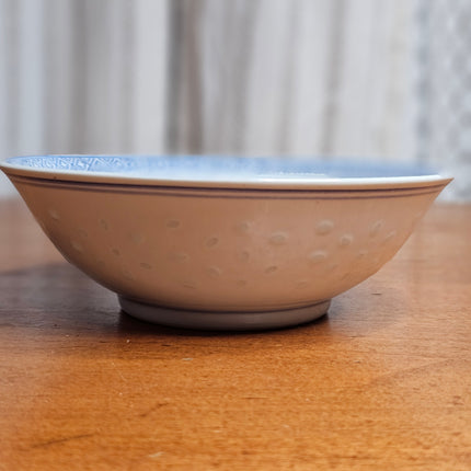 Vintage Jingdezhen China Translucent Rice Grain Blue and White Dragon Pattern Bowl