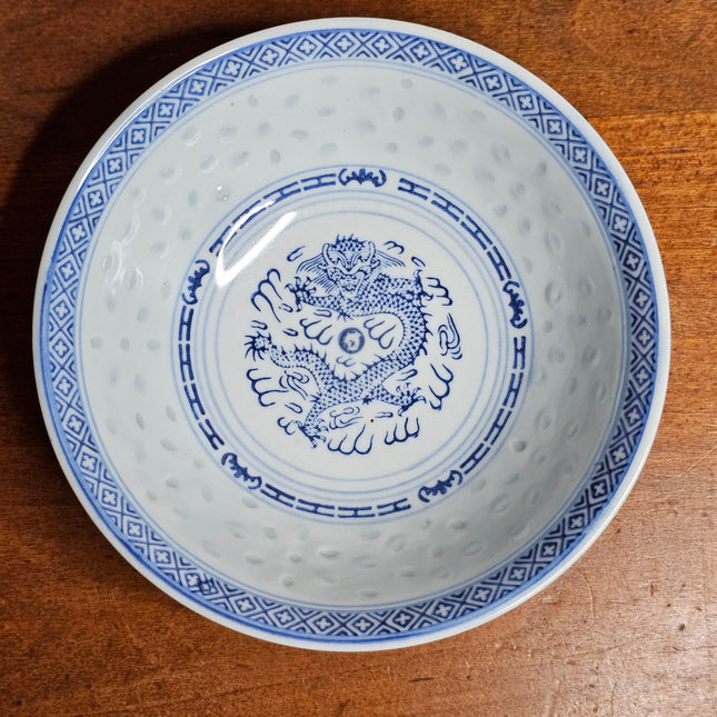 Vintage Jingdezhen China Translucent Rice Grain Blue and White Dragon Pattern Bowl