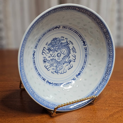 Vintage Jingdezhen China Translucent Rice Grain Blue and White Dragon Pattern Bowl