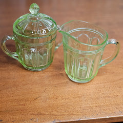 Set of 2 Uranium Glass Cream and Sugar Knife and Fork Pattern