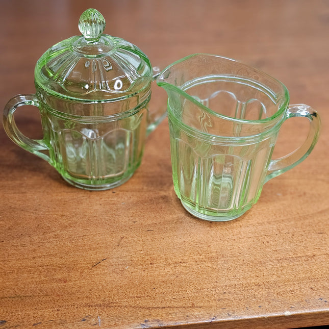 Set of 2 Uranium Glass Cream and Sugar Knife and Fork Pattern