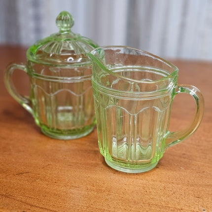 Set of 2 Uranium Glass Cream and Sugar Knife and Fork Pattern