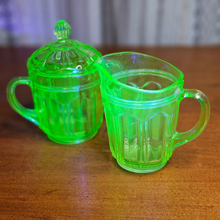 Set of 2 Uranium Glass Cream and Sugar Knife and Fork Pattern