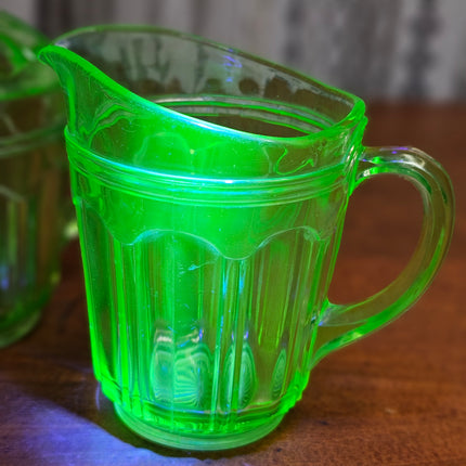 Set of 2 Uranium Glass Cream and Sugar Knife and Fork Pattern