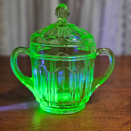 Set of 2 Uranium Glass Cream and Sugar Knife and Fork Pattern