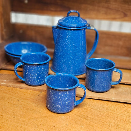 Vintage Set of 6 Blue Speckled Enamel Child's Size Dishes