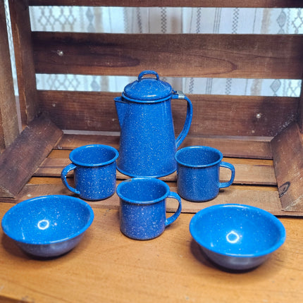 Vintage Set of 6 Blue Speckled Enamel Child's Size Dishes