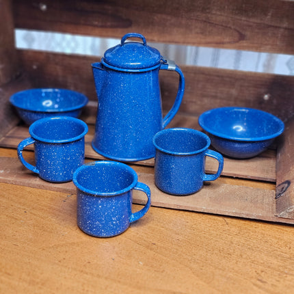 Vintage Set of 6 Blue Speckled Enamel Child's Size Dishes