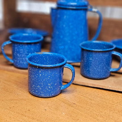 Vintage Set of 6 Blue Speckled Enamel Child's Size Dishes