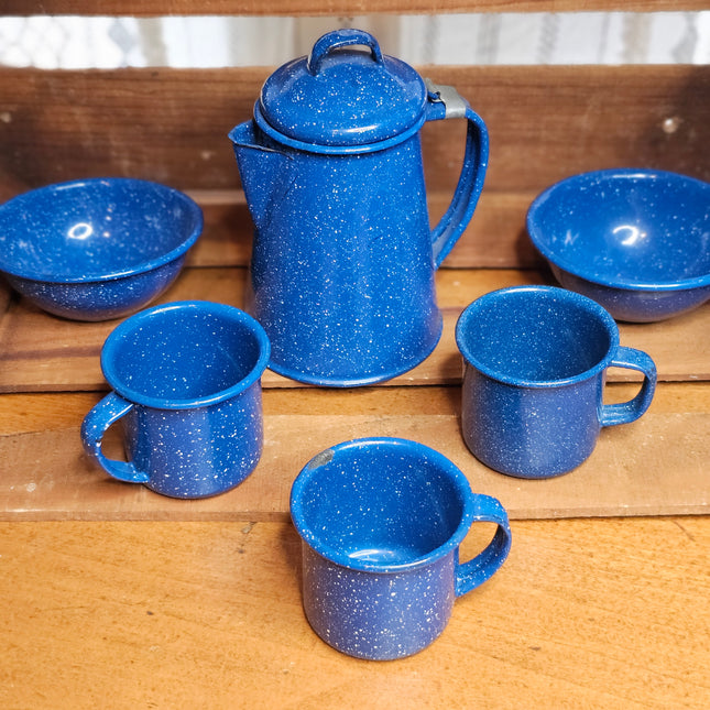 Vintage Set of 6 Blue Speckled Enamel Child's Size Dishes