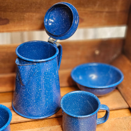 Vintage Set of 6 Blue Speckled Enamel Child's Size Dishes