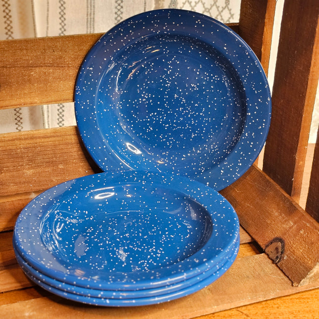 Vintage Set of 4 Blue Speckled Enamel Shallow Bowls