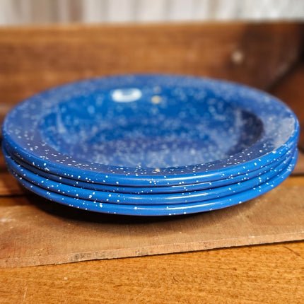 Vintage Set of 4 Blue Speckled Enamel Shallow Bowls