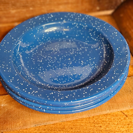 Vintage Set of 4 Blue Speckled Enamel Shallow Bowls