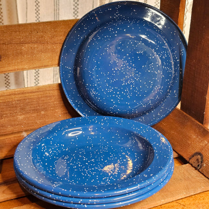 Vintage Set of 4 Blue Speckled Enamel Shallow Bowls