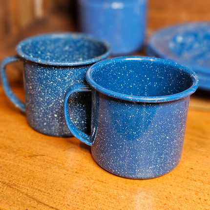 Vintage Set of 2 Blue Speckled Enamel Coffee Mugs