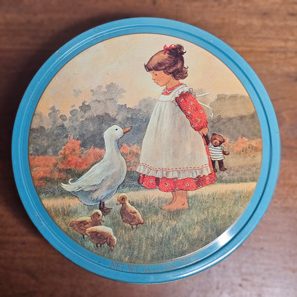 Vintage Danish Butter Cookies Child With Goose Round Tin