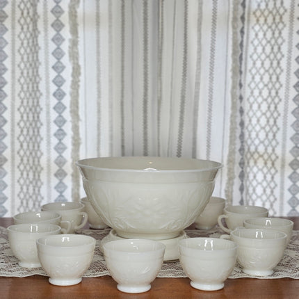 Vintage Anchor Hocking Ivory Sandwich Pattern Milk Glass Punch Bowl Set