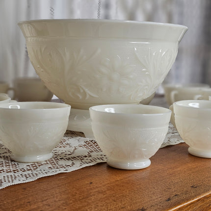 Vintage Anchor Hocking Ivory Sandwich Pattern Milk Glass Punch Bowl Set