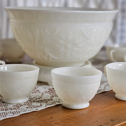 Vintage Anchor Hocking Ivory Sandwich Pattern Milk Glass Punch Bowl Set