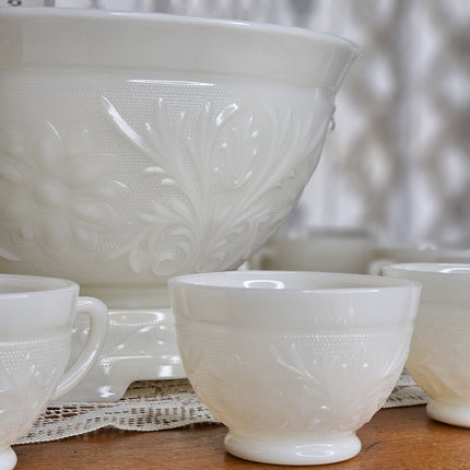 Vintage Anchor Hocking Ivory Sandwich Pattern Milk Glass Punch Bowl Set