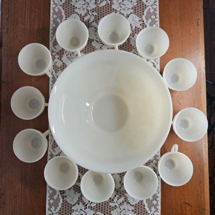 Vintage Anchor Hocking Ivory Sandwich Pattern Milk Glass Punch Bowl Set