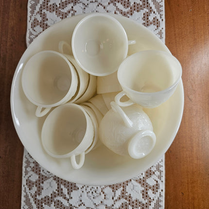 Vintage Anchor Hocking Ivory Sandwich Pattern Milk Glass Punch Bowl Set