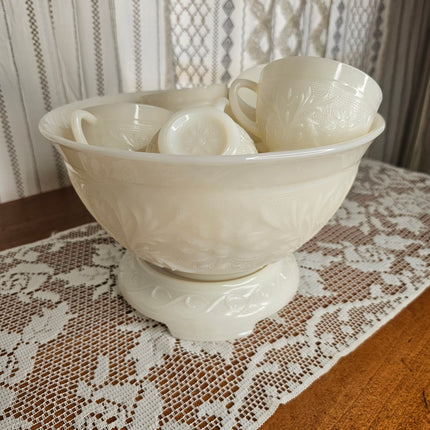 Vintage Anchor Hocking Ivory Sandwich Pattern Milk Glass Punch Bowl Set