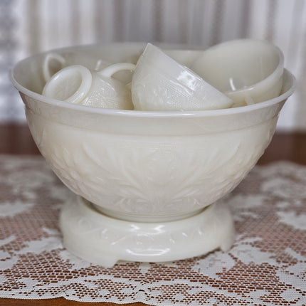 Vintage Anchor Hocking Ivory Sandwich Pattern Milk Glass Punch Bowl Set