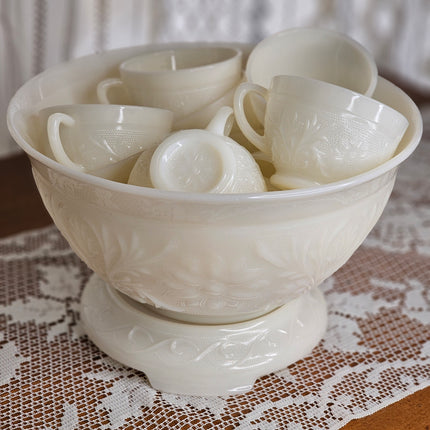 Vintage Anchor Hocking Ivory Sandwich Pattern Milk Glass Punch Bowl Set