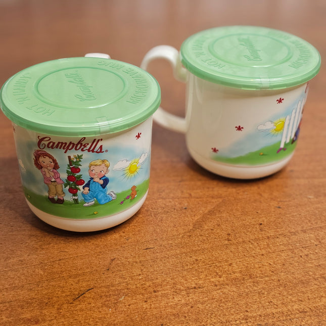 Campbell's 1992 Set of 2 Plastic Hot N' Handy Soup Mugs With Green Lids