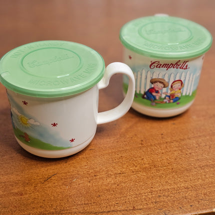 Campbell's 1992 Set of 2 Plastic Hot N' Handy Soup Mugs With Green Lids