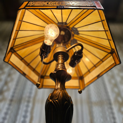 Vintage Tiffany-Style Stained Glass Yellow Hexagon Lamp