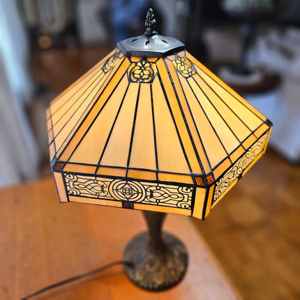 Vintage Tiffany-Style Stained Glass Yellow Hexagon Lamp