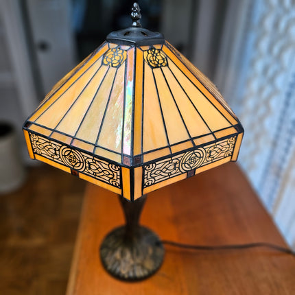 Vintage Tiffany-Style Stained Glass Yellow Hexagon Lamp