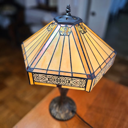 Vintage Tiffany-Style Stained Glass Yellow Hexagon Lamp