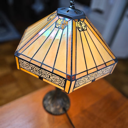 Vintage Tiffany-Style Stained Glass Yellow Hexagon Lamp