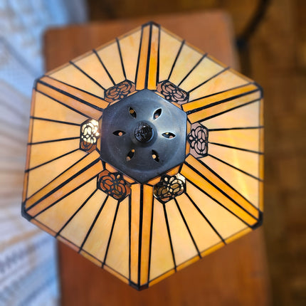Vintage Tiffany-Style Stained Glass Yellow Hexagon Lamp