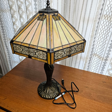 Vintage Tiffany-Style Stained Glass Yellow Hexagon Lamp