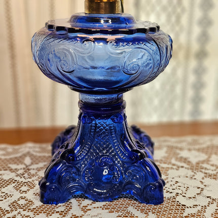 Vintage Cobalt Blue Glass Princess Feather Victorian Lamp