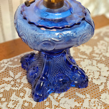 Vintage Cobalt Blue Glass Princess Feather Victorian Lamp