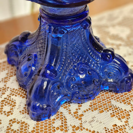 Vintage Cobalt Blue Glass Princess Feather Victorian Lamp
