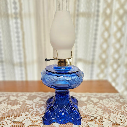 Vintage Cobalt Blue Glass Princess Feather Victorian Lamp