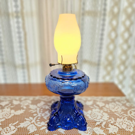 Vintage Cobalt Blue Glass Princess Feather Victorian Lamp