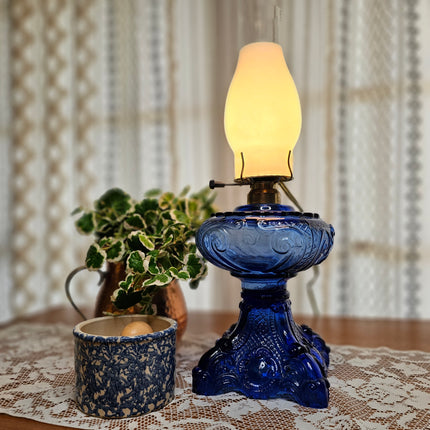 Vintage Cobalt Blue Glass Princess Feather Victorian Lamp