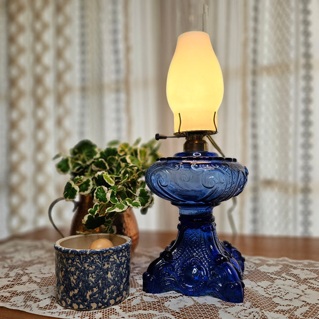 Vintage Cobalt Blue Glass Princess Feather Victorian Lamp